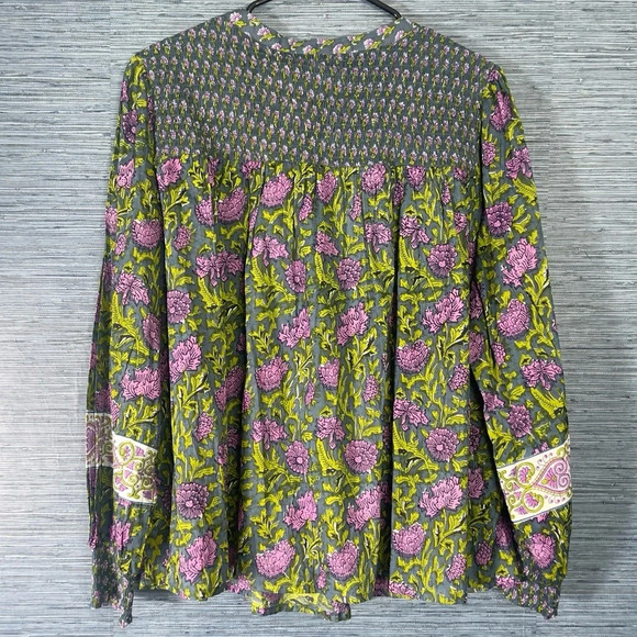 Rachael Zoe Boho Blouse Smocked XL NWT Green Purple Tassel - Picture 4 of 7